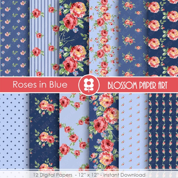 Blue Navy Digital Paper Pack, Blue Floral Scrapbooking, Cottage Papers, Floral Digital Paper, Wedding Papers - 1740