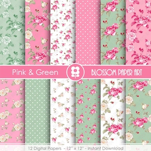Rose Digital Paper, Pink Green Floral Digital Paper Pack, Pink Roses, Scrapbooking, Roses, Pink Vintage Roses - INSTANT DOWNLOAD  - 1893