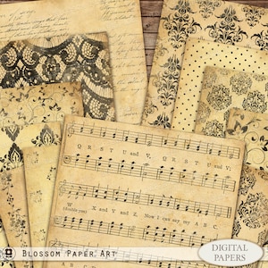 Carta digitale Junk Journal, texture di carta vecchia, lacci vintage, damasco, carta digitale per diari spazzatura e spartiti di musica antica di Papercrafts 1717