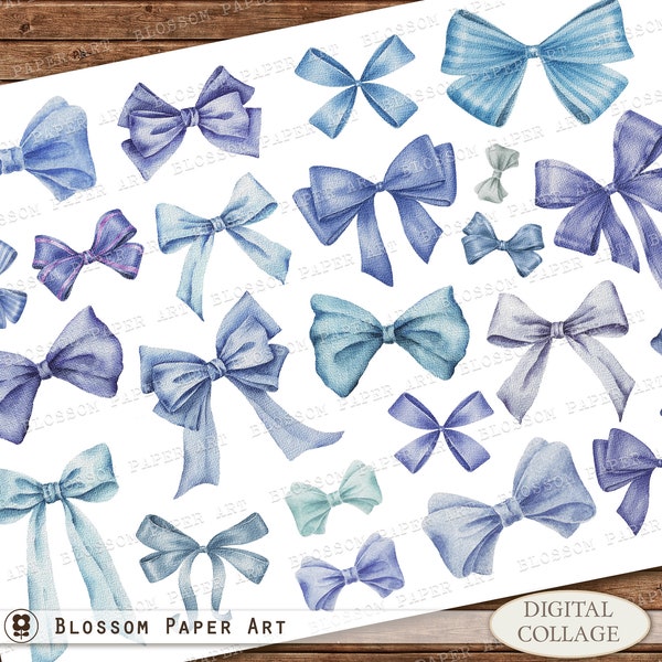Blue Bows for Print, Digital Download Bows for Junk Journal, Scrapbooking, Bow Digital Collage Sheet, Bow Images, Die Cut Bows - 2961 2