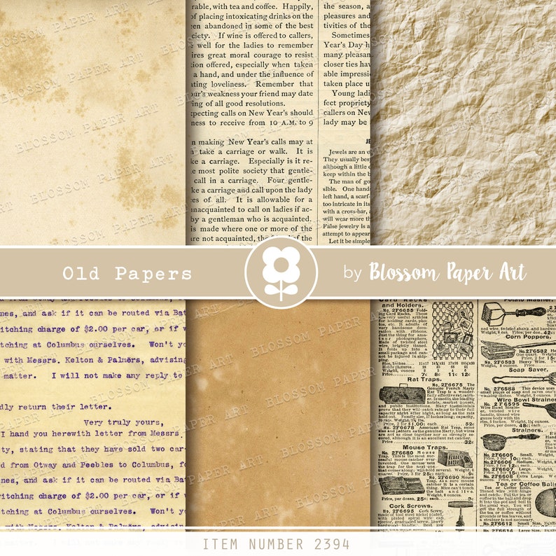 May include: A collage of vintage paper textures with a floral design and the text "Old Papers" and "Blossom Paper Art". The paper textures are in shades of brown and beige with a worn and aged appearance. The text is in black and white.
