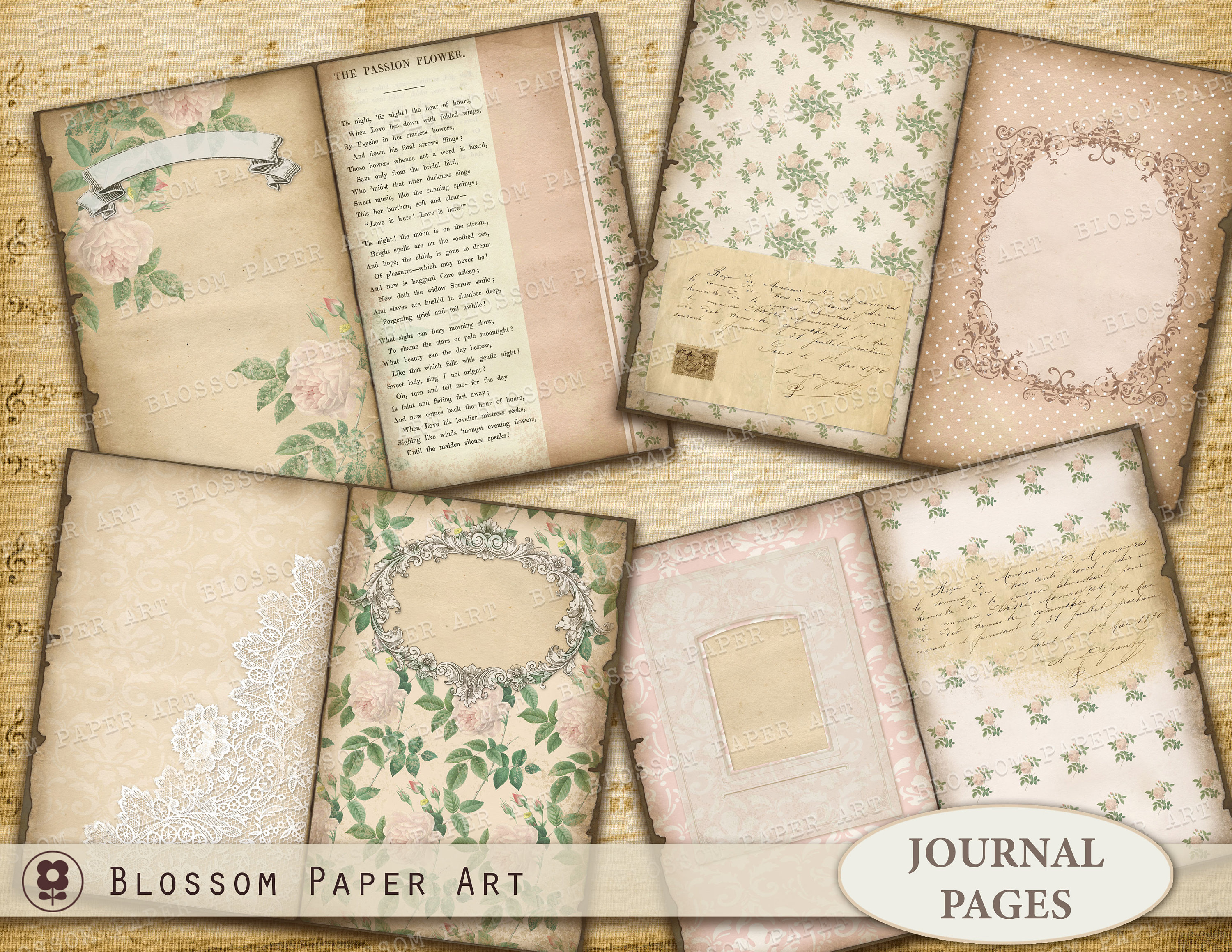 Vintage Rose Junk Journal Pages Printable Sheets Digital Etsy