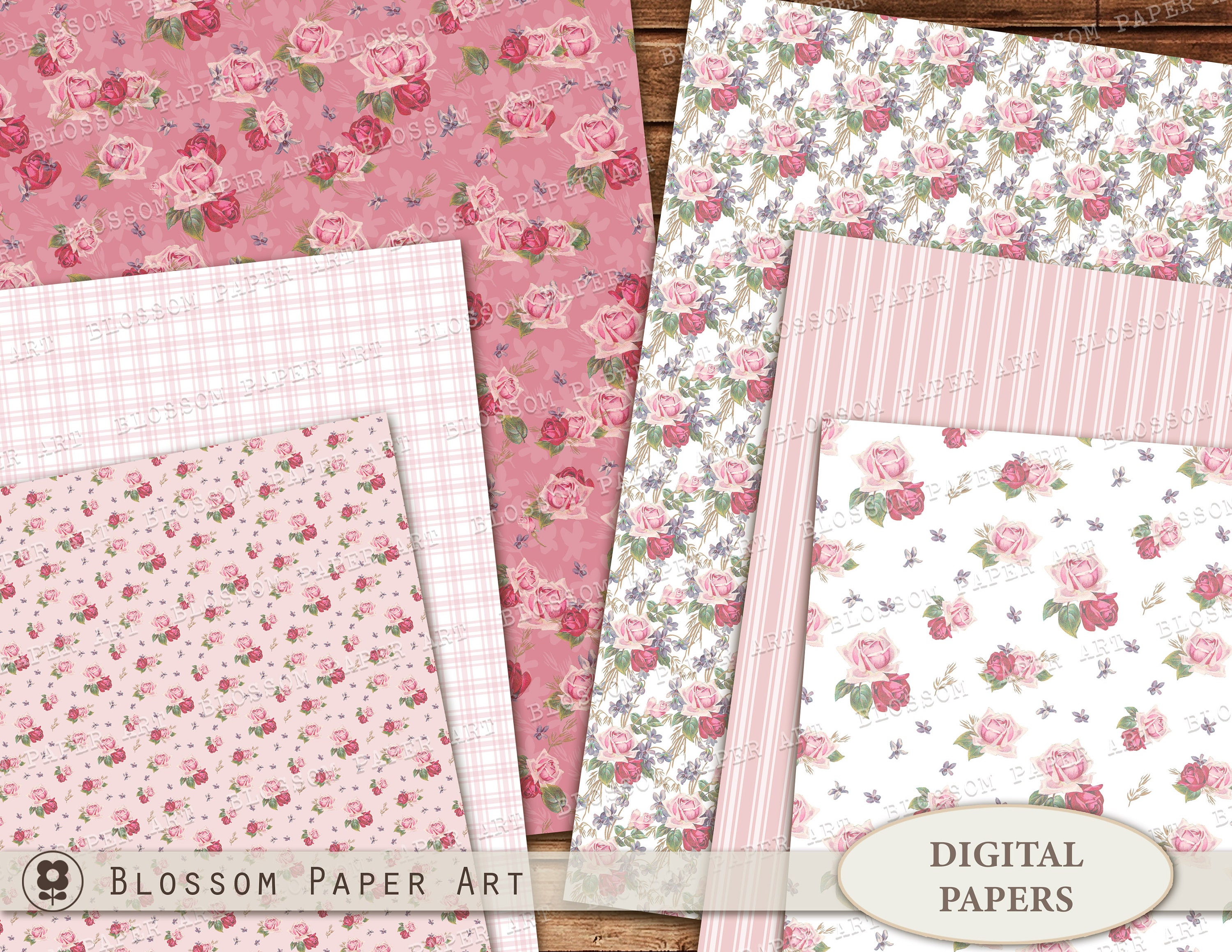 Shabby Chic Roses Digital Paper Pack: Vintage Scrapbook Paper (instant ...