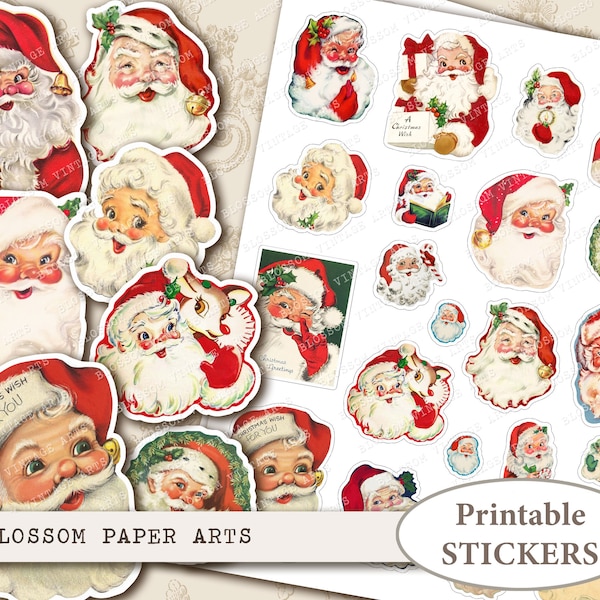Christmas Stickers, Vintage Christmas Santa Stickers, Digital Collage Sheet, Printable Sheets Digital Download 2684