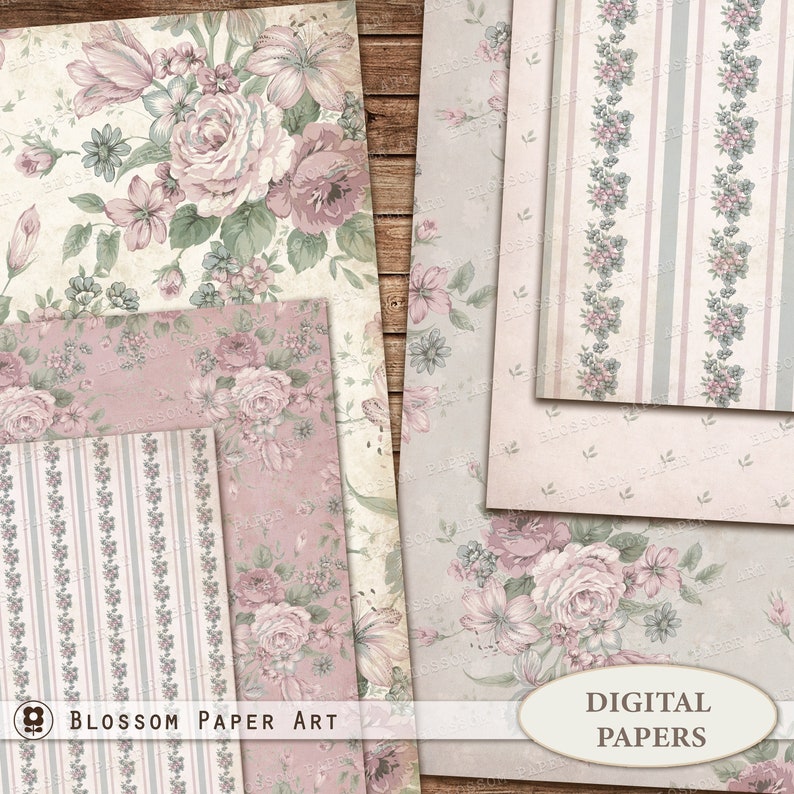 Shabby Chic Roses Digital Paper Pack: Vintage Scrapbook (digital ...