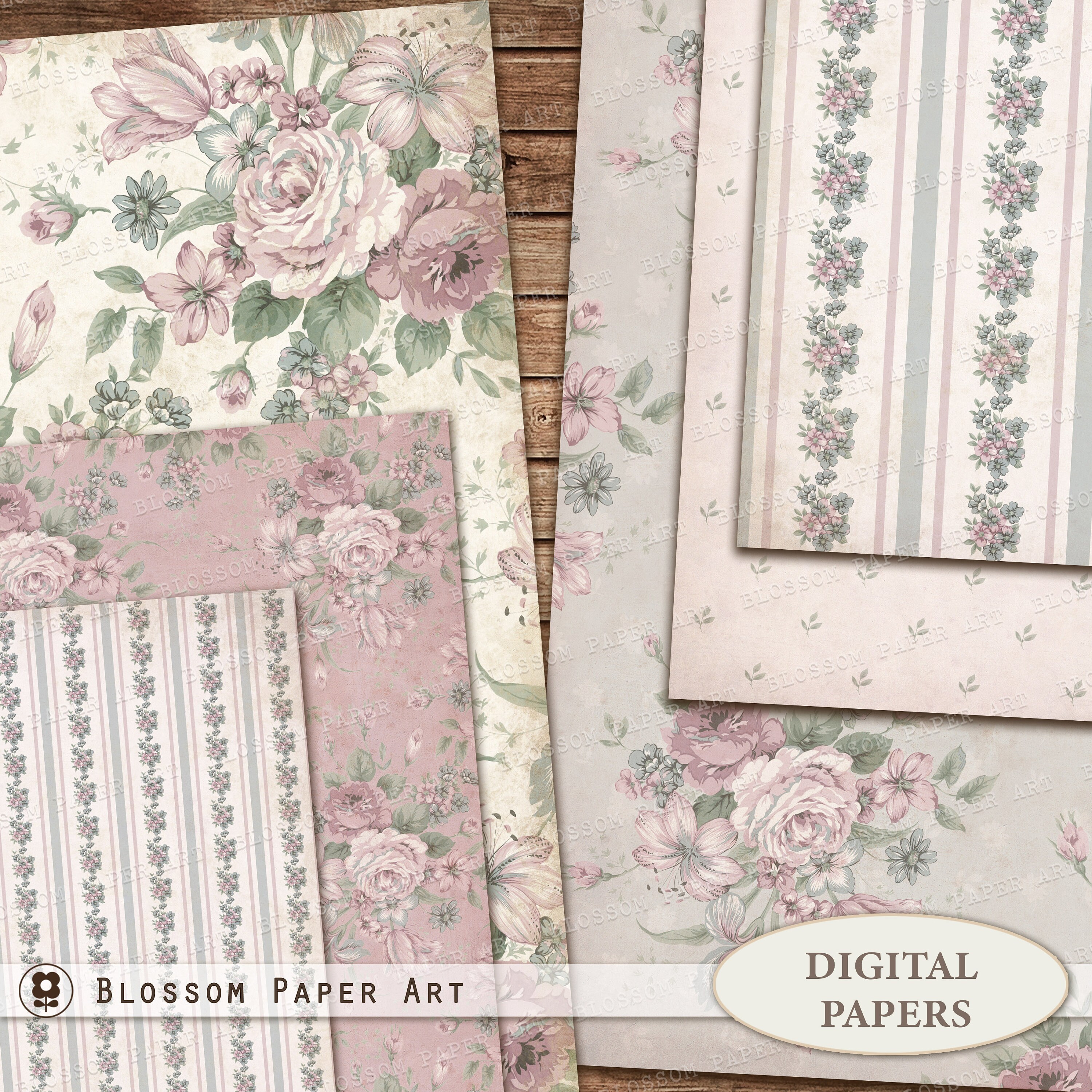 Shabby Chic Roses Digital Paper Pack: Vintage Scrapbook (digital ...