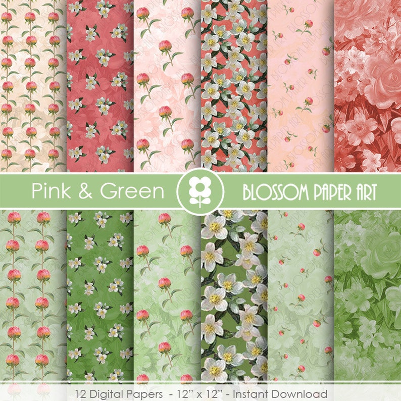 Download Floral Digital Paper Digital Paper Floral Pack Pink Green ...