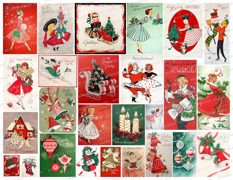 Puede incluir: Un collage navide&ntilde;o vintage con im&aacute;genes de personas, adornos y saludos festivos. El collage est&aacute; formado por 16 tarjetas individuales, cada una con un dise&ntilde;o diferente. Las tarjetas est&aacute;n todas en un esquema de color rojo, verde y blanco.