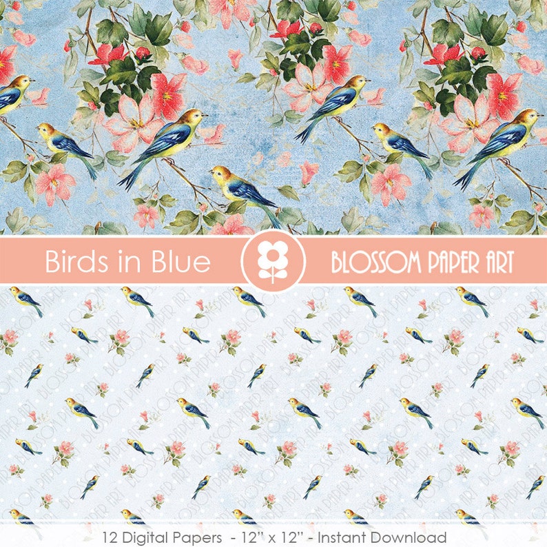 May include: A digital paper pack with 12 designs featuring a repeating pattern of blue birds and pink flowers on a light blue background. The text "Birds in Blue" and "Blossom Paper Art" is displayed on the top of the image.