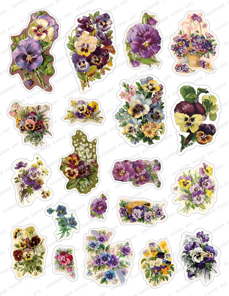 Vintage Flowers Printable Stickers Vintage Pansies Purple Etsy