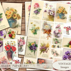 Vintage floral efêmera imprimível lixo diário cartões imprimíveis folha de colagem digital flores vintage imagens artesanato em papel 2351