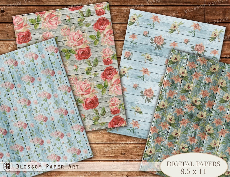 Blue Scrapbooking Papers Vintage Wood Texture Scrapbook Paper Digital Paper Digital Download Printable Collage 2708 8,5x11 Sheets