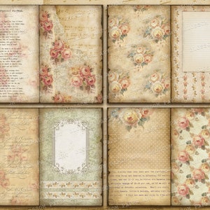 May include: A vintage scrapbook paper pack with a floral theme. The paper features a variety of patterns, including roses, polka dots, and music notes. The paper is in shades of cream, brown, and pink.