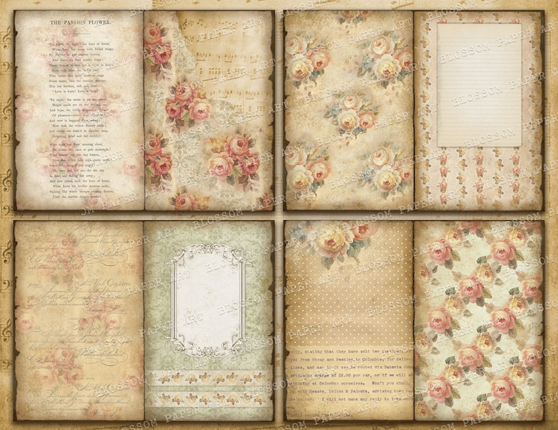 May include: A vintage scrapbook paper pack with a floral theme. The paper features a variety of patterns, including roses, polka dots, and music notes. The paper is in shades of cream, brown, and pink.