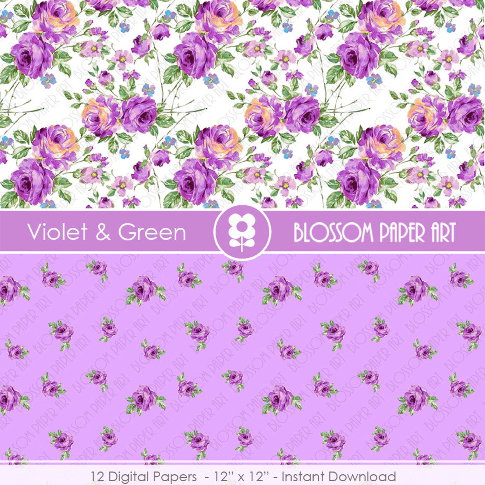 Violet Floral Papers Rose Digital Paper Pack Violet Green Etsy