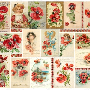 Junk Journal Ephemera, cartões postais de papoulas, cartões vintage, imagens de papoula, folha de colagem digital vintage efêmera download digital 2901