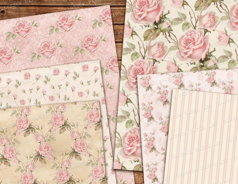 Vintage Digital Paper, Shabby Chic Digital Paper Pack, Roses Scrapbook Collage Sheets, Pink Vintage Roses INSTANT DOWNLOAD 2616 image 2