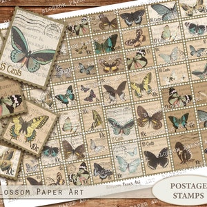 Sellos postales mariposas basura diario hoja imprimible, vintage efímera, franqueo falso imprimible, descarga digital, Scrapbooking 2509