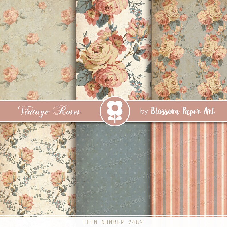 INSTANT DOWNLOAD 2489 Vintage Digital Paper Pack Blue Scrapbook Paper Pack Rose Scrapbook Paper Floral Digital Paper