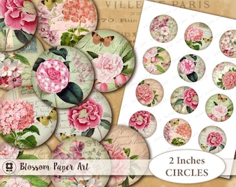 Floral Garden Circles, 2 Inch Printable Collage Sheet (Digital Download) - 2210
