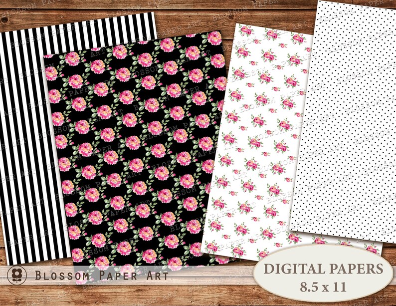 Pink and Black Digital Paper Scrapbook Paper Floral Collage - Etsy