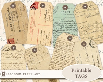 VINTAGE TAGS étiquettes cadeaux imprimables cartes postales vintage Feuille de collage numérique Feuille imprimable Papier Artisanat Scrapbook, étiquettes de journalisation 2231