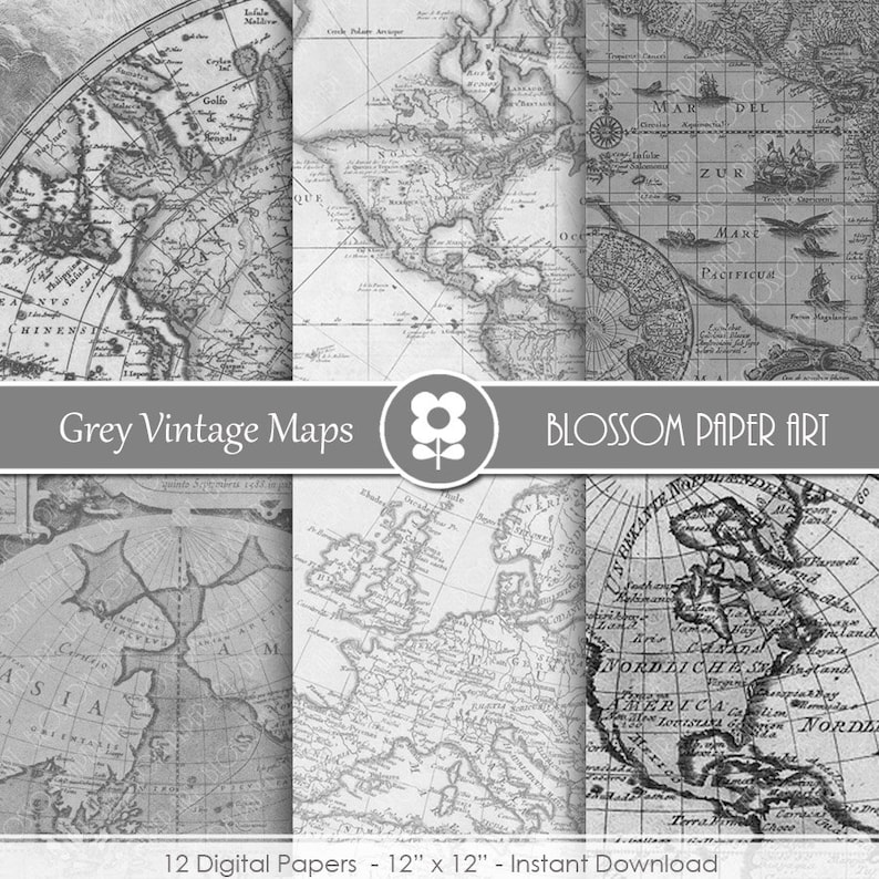 Grey Paper Map Vintage Grey Maps Digital Paper Pack: Scrapbooking (instant Download ...