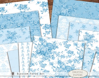 May include: A set of 10 digital papers featuring blue floral patterns on a white background. The papers are ideal for scrapbooking, card making, and other crafting projects. The papers are high-resolution and can be printed at home or at a professional print shop.
