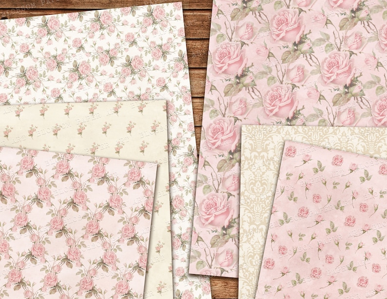 Vintage Digital Paper, Shabby Chic Digital Paper Pack, Roses Scrapbook Collage Sheets, Pink Vintage Roses INSTANT DOWNLOAD 2616 image 3