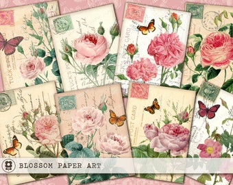 Digital Collage Sheet Vintage Cards Roses with Butterfly Digital Collage Sheet Instant Download for Paper Crafts INSTANT DOWNLOAD 2201