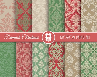 Christmas Damask Digital Paper, Christmas Red Green Damask Digital Paper Pack, Vintage Christmas Scrapbooking - INSTANT DOWNLOAD  - 2005