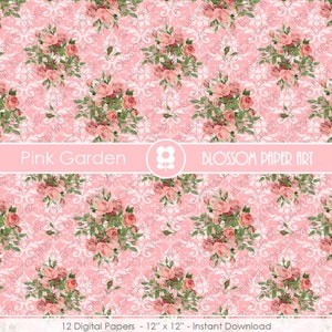 Pink Roses Digital Paper, Shabby Chic Pink Scrapbook Digital Paper Pack, Wedding Roses, Pink, Green INSTANT DOWNLOAD 1870 image 5