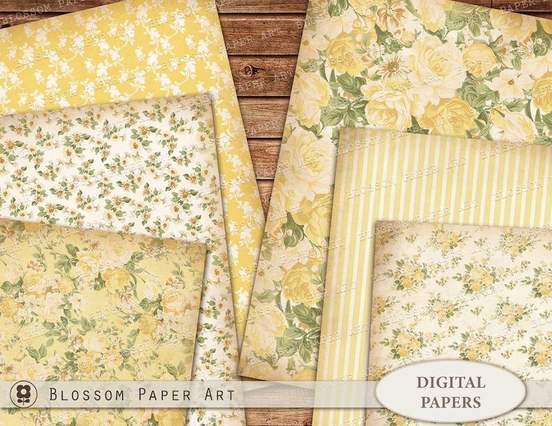 Pu&ograve; includere: Un set di 10 carte digitali con motivi floreali gialli. Le carte hanno un'estetica vintage e sono perfette per lo scrapbooking, la creazione di biglietti e altri progetti di artigianato.