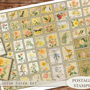Druckbare Briefmarken Junk Journal Verschönerung Collage Blatt, Briefmarken, Vintage Ephemera, Floral digitaler Download, Scrapbooking 2513
