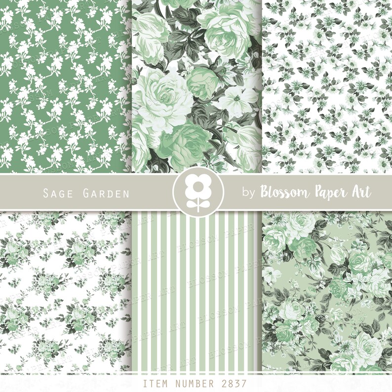 May include: Sage Garden digital paper pack with six different patterns featuring green and white floral designs. The patterns include a small floral pattern, a large floral pattern, a striped pattern, and three different floral patterns with varying sizes of flowers. The text "Sage Garden" and "by Blossom Paper Art" is included in the image.