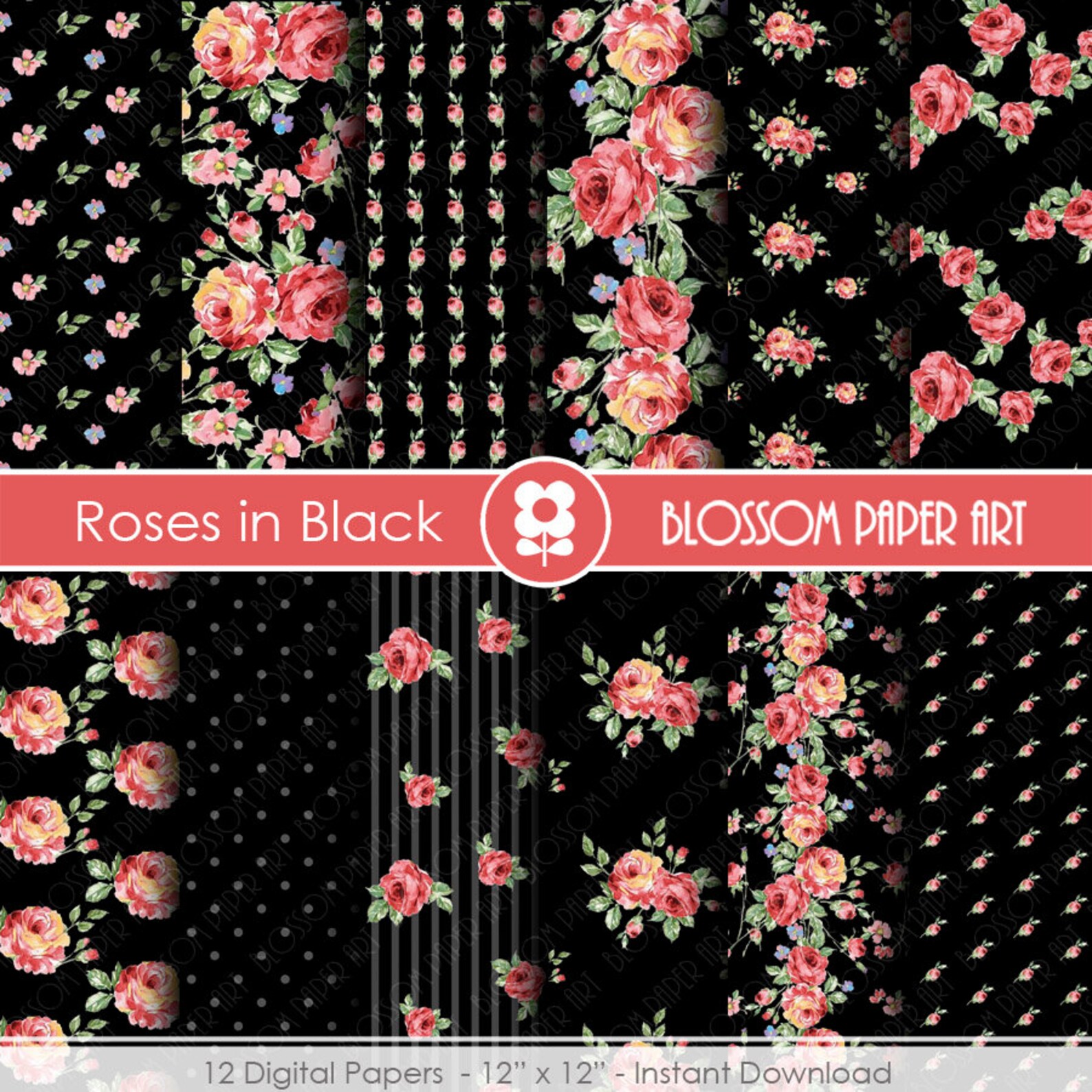 Black Digital Papers Rose Scrapbook Paper Pack Digital Etsy