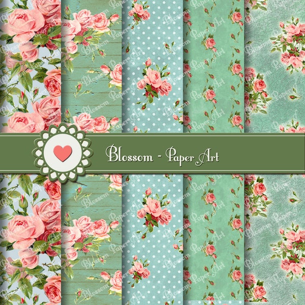 Digital Paper Roses Floral Collage Sheet, Green Aqua Turquoise, Digital Scrapbooking Pack - Decoupage - Digital Paper - 1618