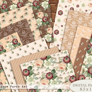 Vintage Roses Scrapbook Paper, 8,5x11 Sheets, Floral Scrapbooking Paper Pack, Digital Download Collage, Brown, Peach Roses 2707