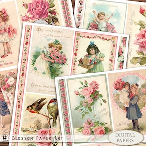 Rosa Ephemera, Junk Journal Karten, Vintage Postkarten, druckbare Ephemera, Digital Kit, antike Bilder für Print, digitaler Download 2900 1