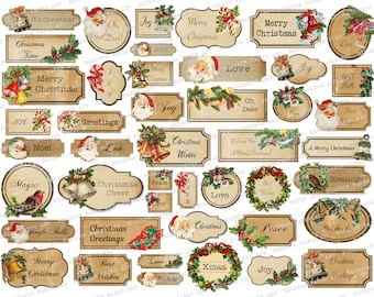 Vintage Christmas Tags: Printable Ephemera, Collage Sheet (Digital Download)