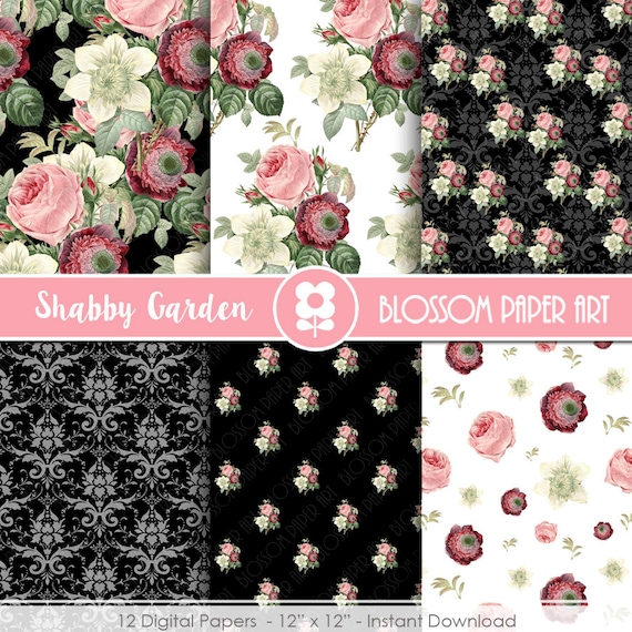 Black Floral Digital Paper, Scrapbook Paper Pack, Pink Roses