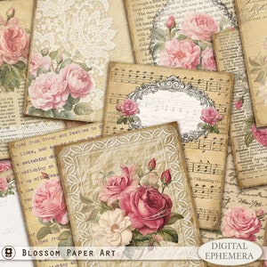 Cartões de diário indesejados, coisas efêmeras de rosas vintage, cartões imprimíveis para registro no diário, folha de colagem digital floral, imagens de decoupage para impressão 2976