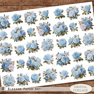 Blue Flowers Collage Sheet, Printable Roses for Junk Journal, Digital ...