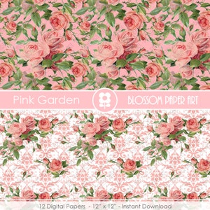 Pink Roses Digital Paper, Shabby Chic Pink Scrapbook Digital Paper Pack, Wedding Roses, Pink, Green INSTANT DOWNLOAD 1870 image 4