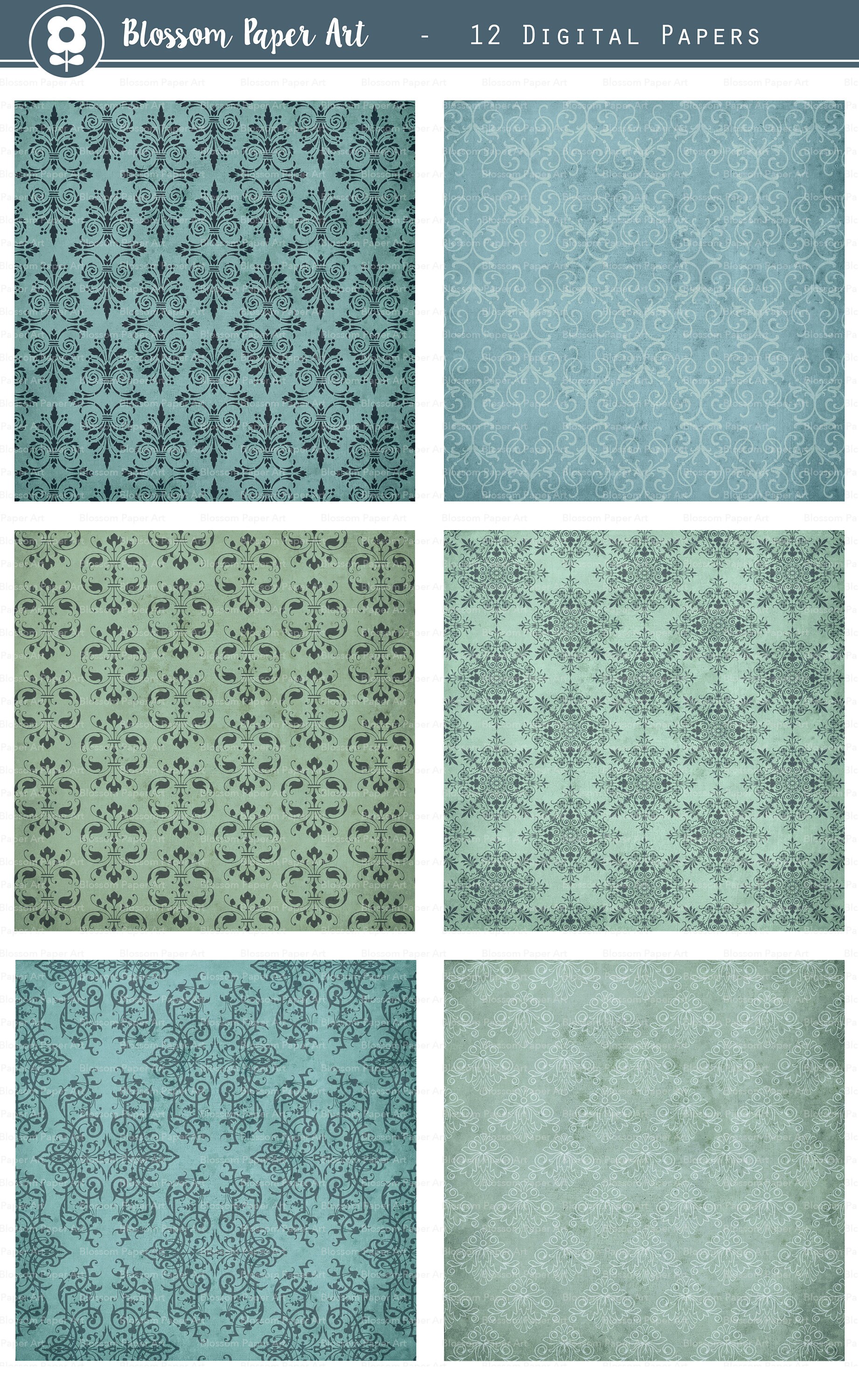 Boho Digital Paper Blue Digital Paper Pack Boho Style | Etsy