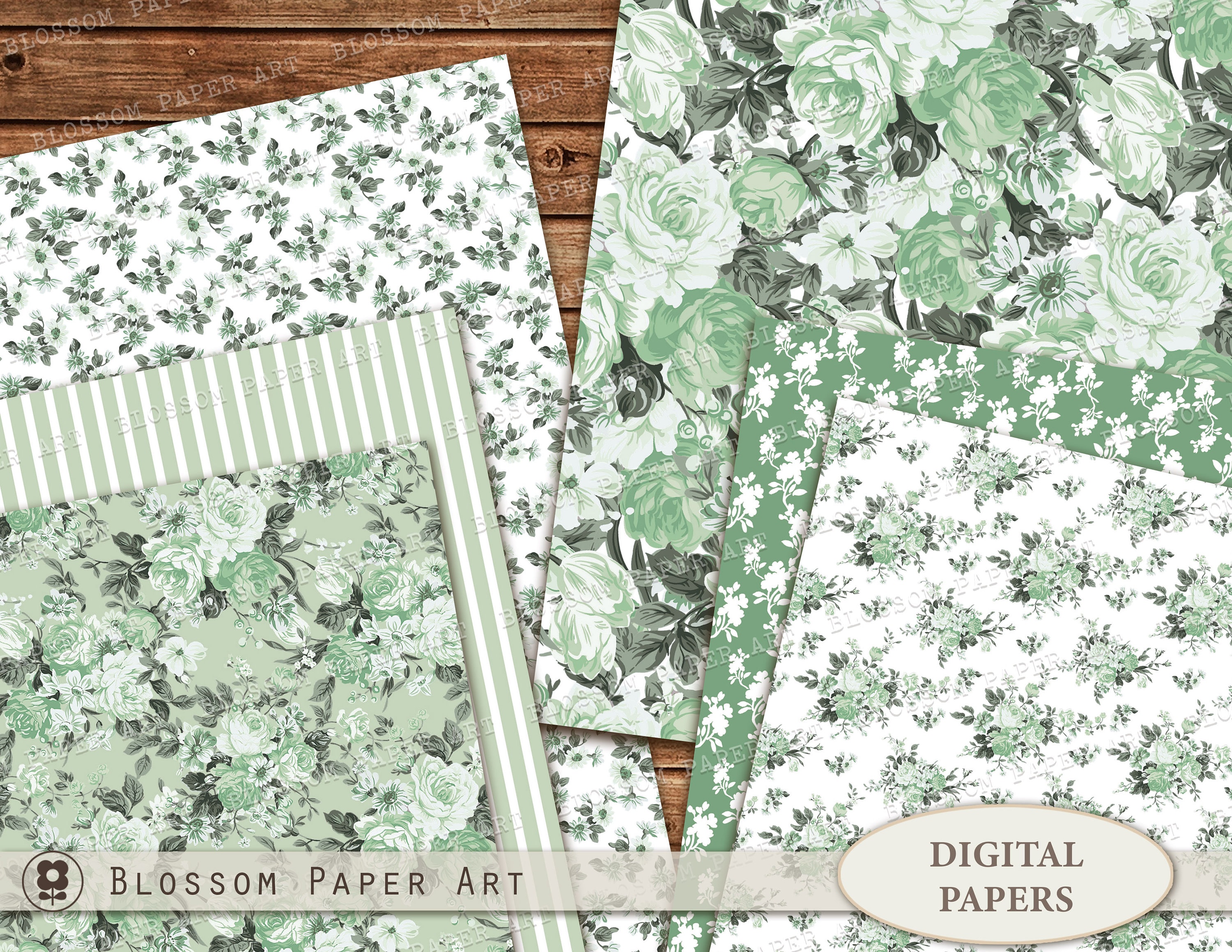 Green Digital Papers, Floral Scrapbook Paper Pack, Junk