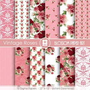 Pink Rose Digital Paper, Rose Digital Paper Pack, Pink Floral Scrapbooking, Floral Digital Paper, Vintage Roses - 1705