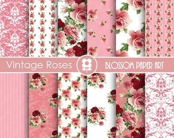 Vintage Pink Rose Digital Paper Pack: Floral Scrapbooking (Digital Download)