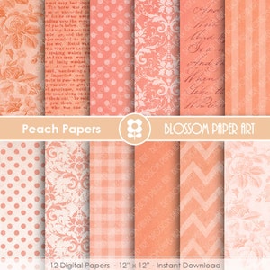 Digital Paper Peach Digital Backgrounds, Digital Scrapbooking Paper Pack, Textures, Damask, Dots, Floral Papers - INSTANT DOWNLOAD - 1655