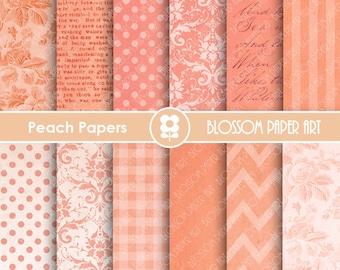 Könnte beinhalten: Zwölf digitale Papiere in Pfirsichtönen mit verschiedenen Mustern, darunter Punkte, Damast, Gingham, Chevron und florale Designs. Die Papiere sind 30,5 cm x 30,5 cm groß und stehen zum sofortigen Download bereit. Peach Papers von Blossom Paper Art.